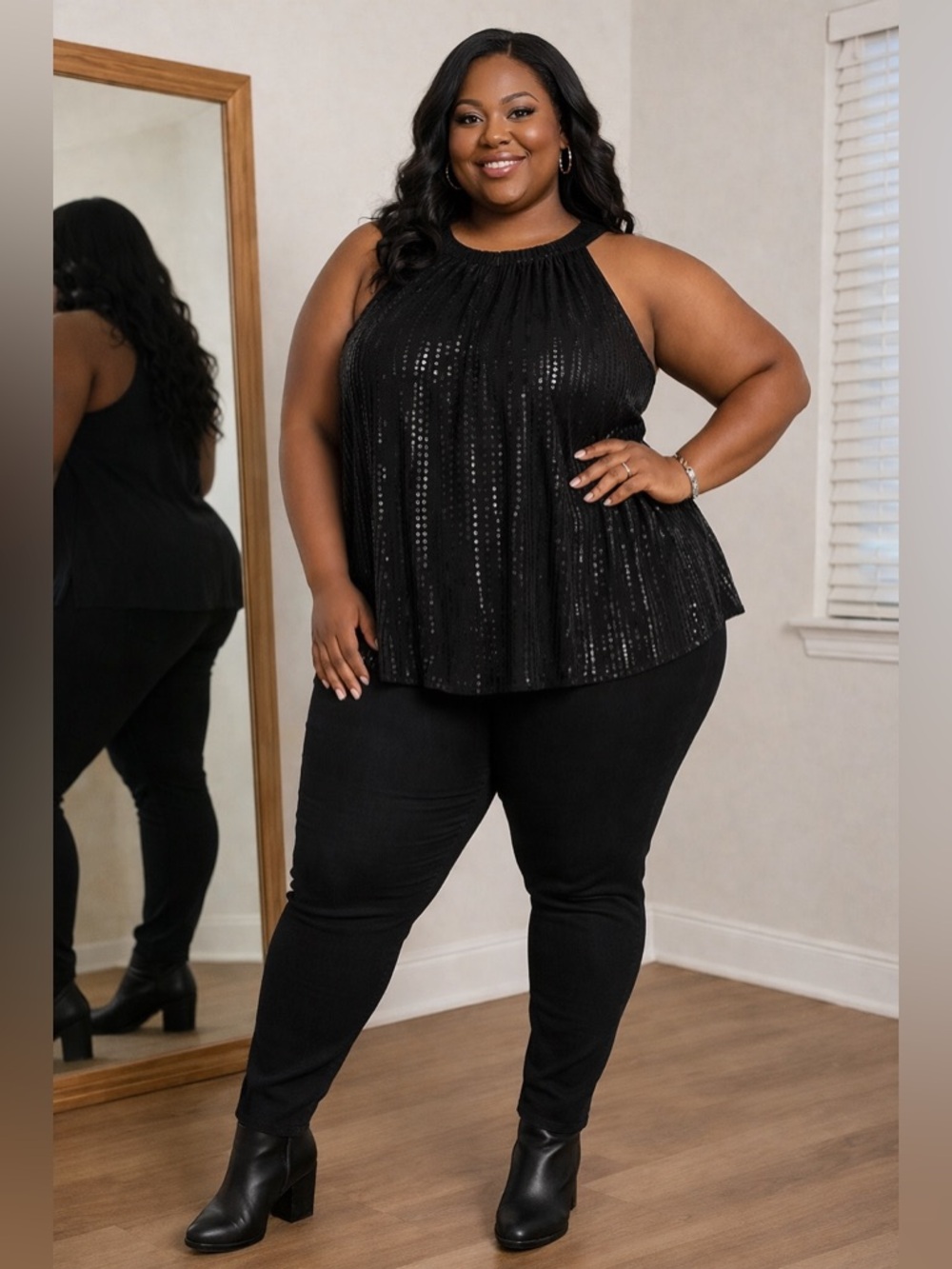 Plus Size Black Sequin Halter Tank Top